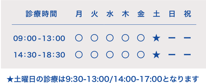 診療時間 月〜金 9:00-13:00／14:30-18:30、土 9:30-13:00／14:00-17:00、日祝休診